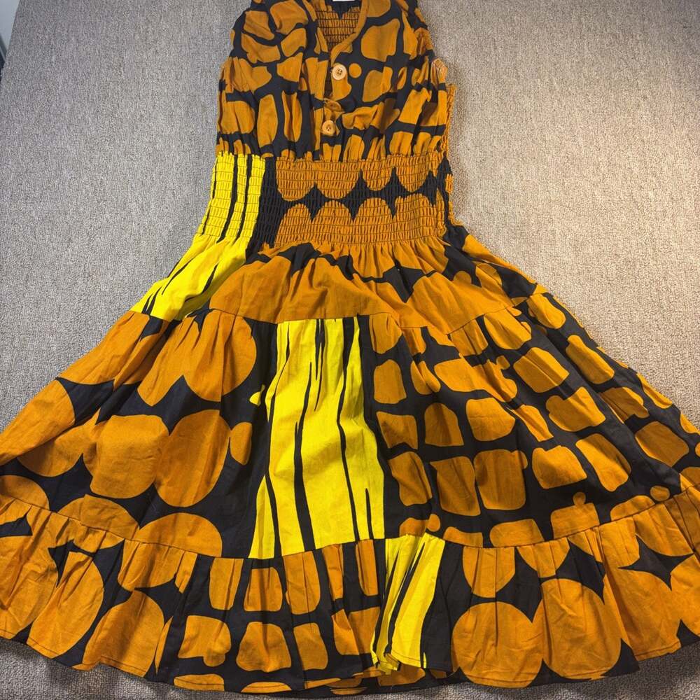 African Print Smocked Maxi Dress One Size Boho Festival Caftan Dress